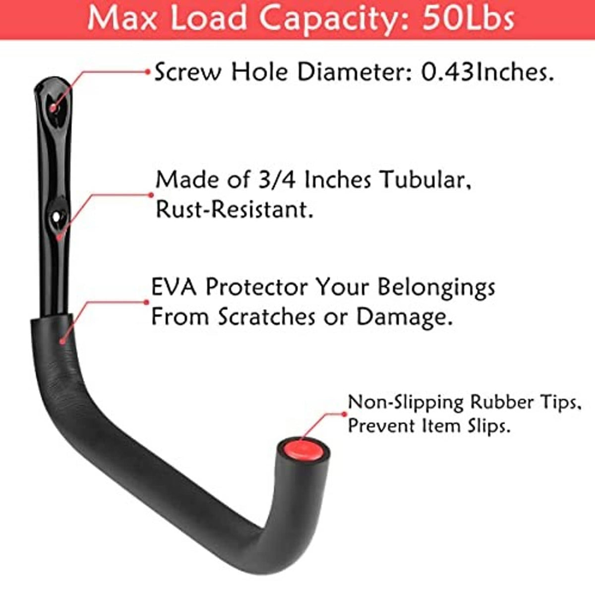 Black tubular wall hook with red-tipped EVA protector and non-slip rubber grip ends