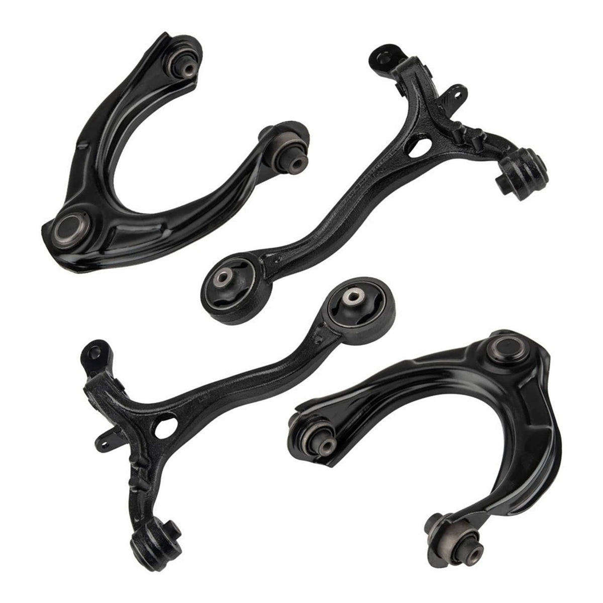 Pair of black suspension control arms with bushings and ball joint assemblies