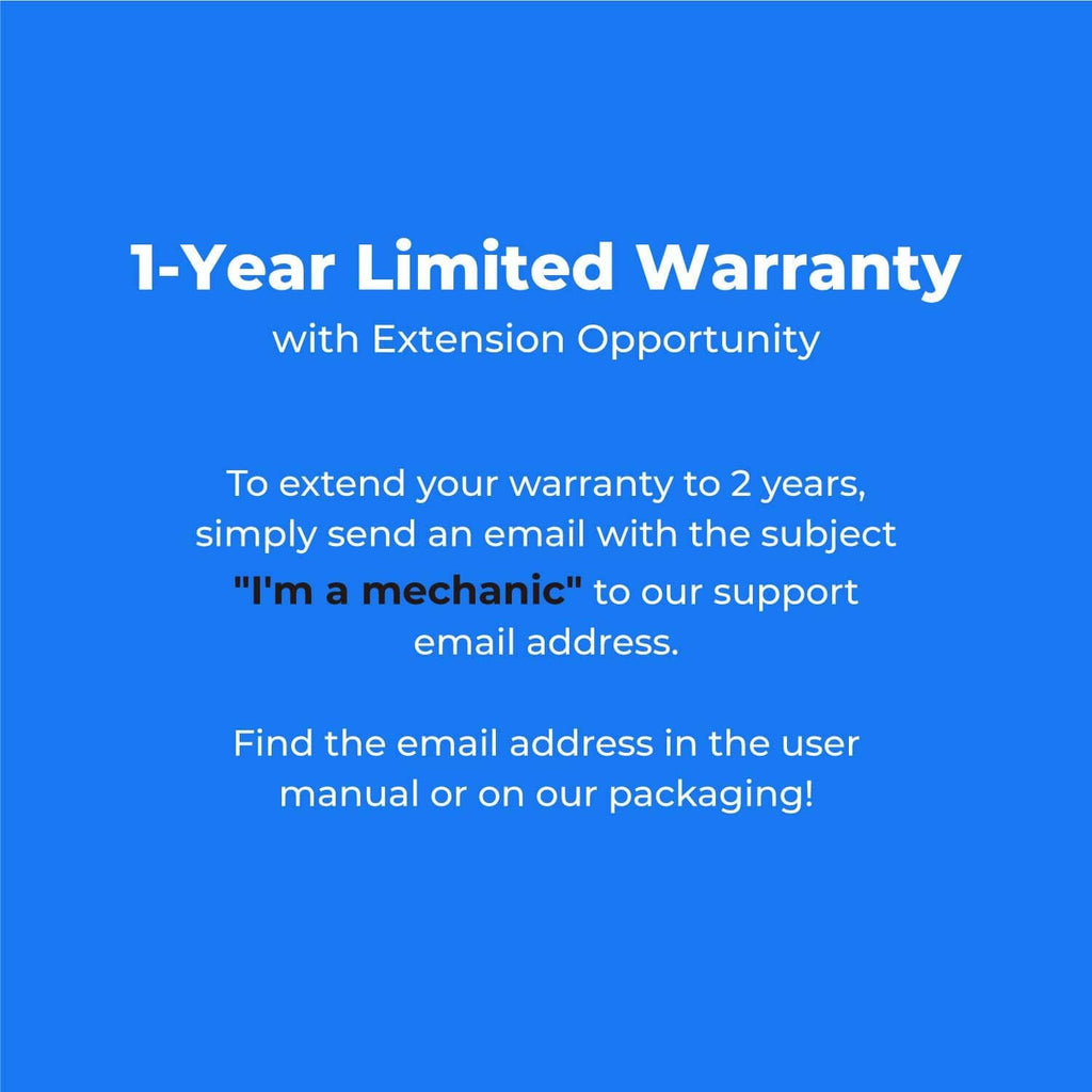 Warranty information card with 1-year limited warranty and extension details