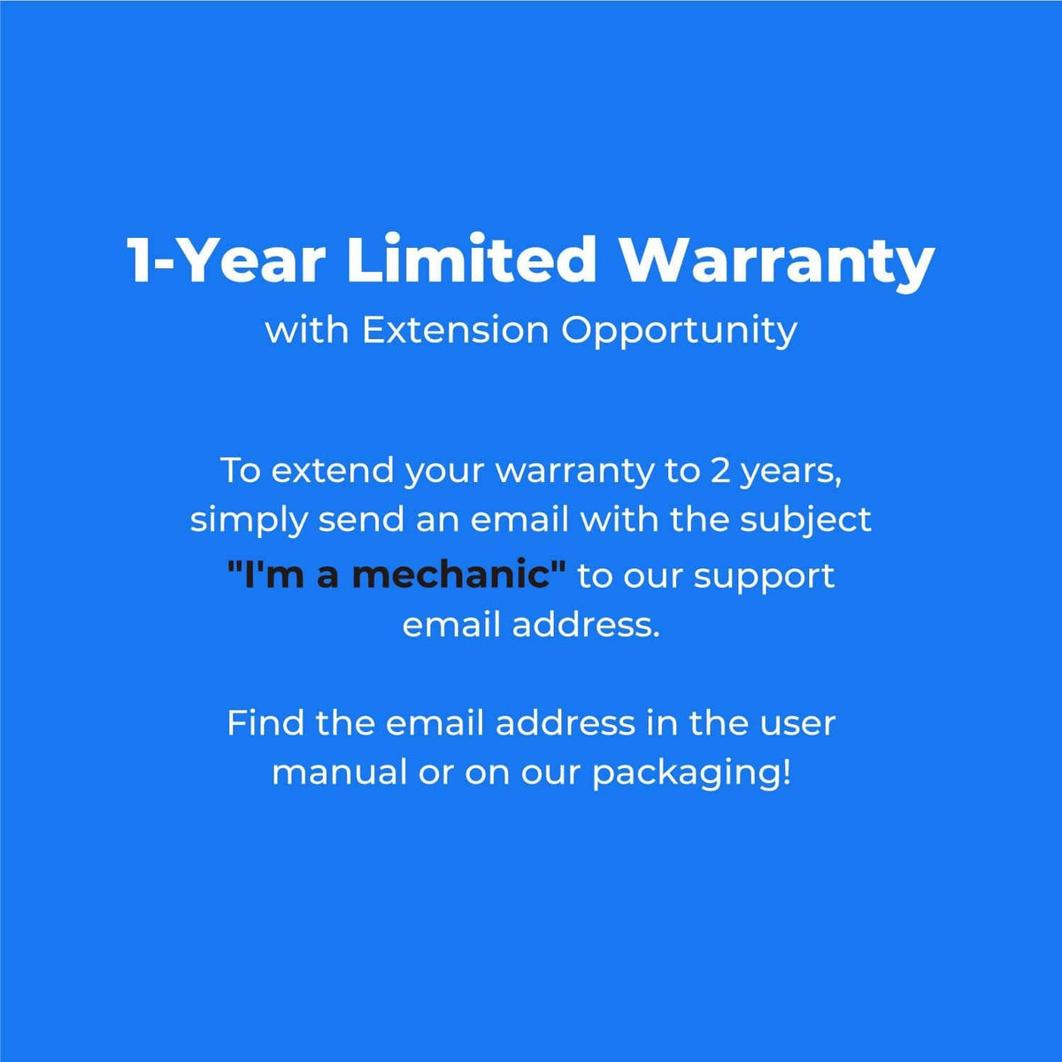 Warranty information card with 1-year limited warranty and extension details