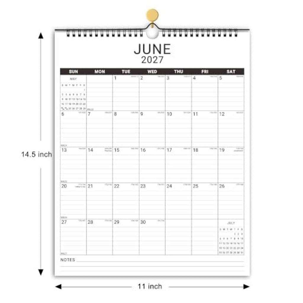 White June 2027 calendar page with 11 inch by 14.5 inch size arrows