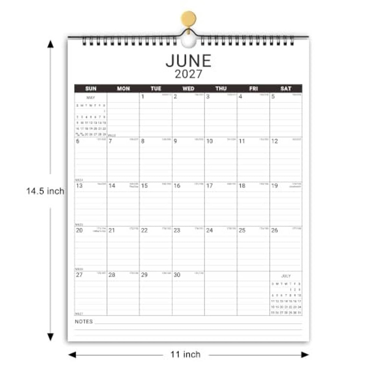 White June 2027 calendar page with 11 inch by 14.5 inch size arrows