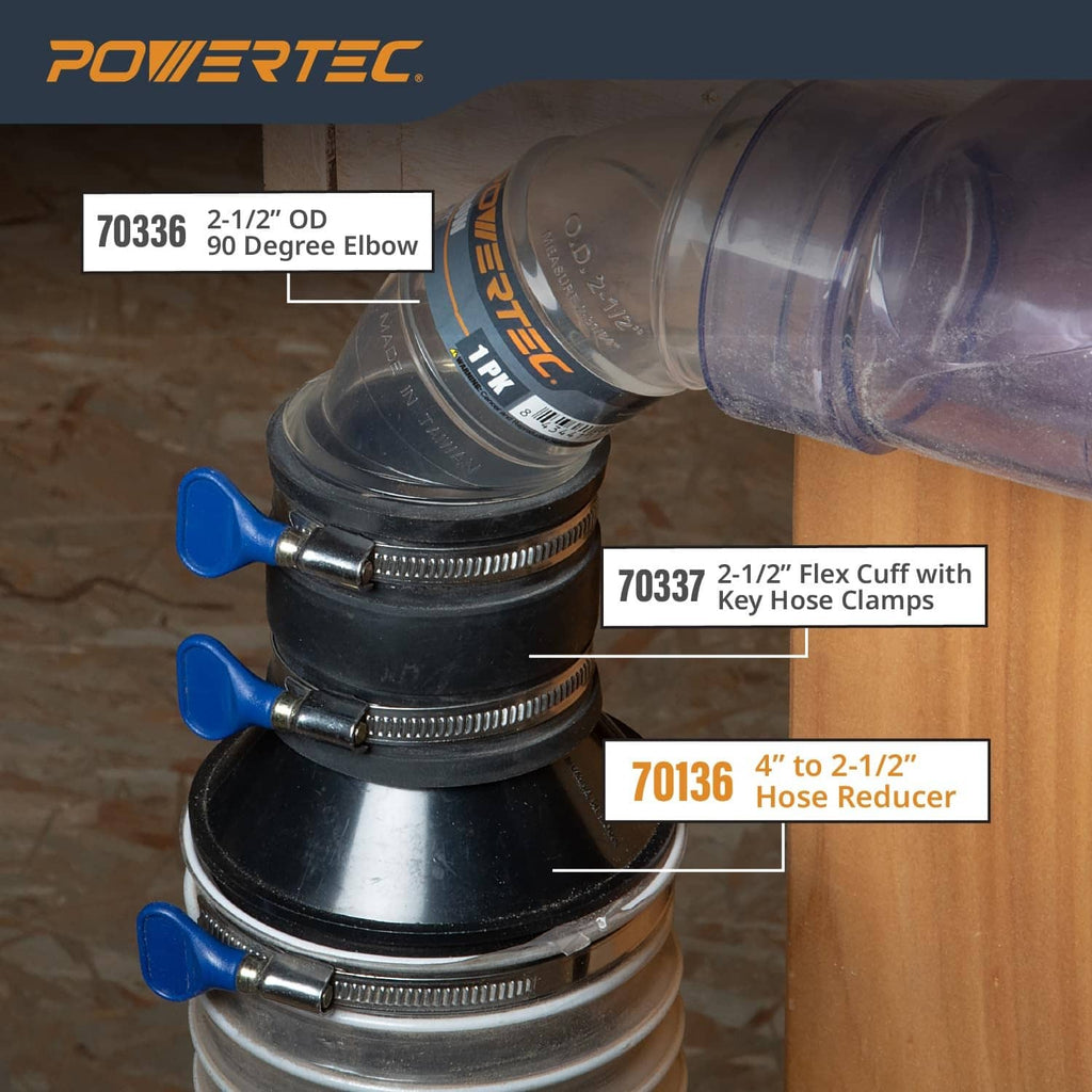 Black cone reducer installed between vacuum hoses, 4" to 2-1/2" step