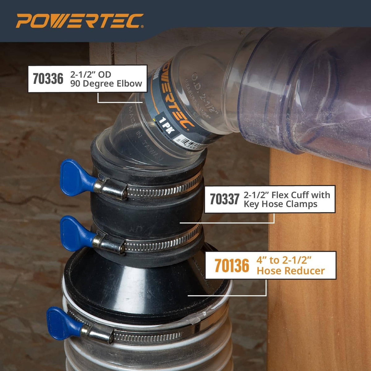 Black cone reducer installed between vacuum hoses, 4" to 2-1/2" step