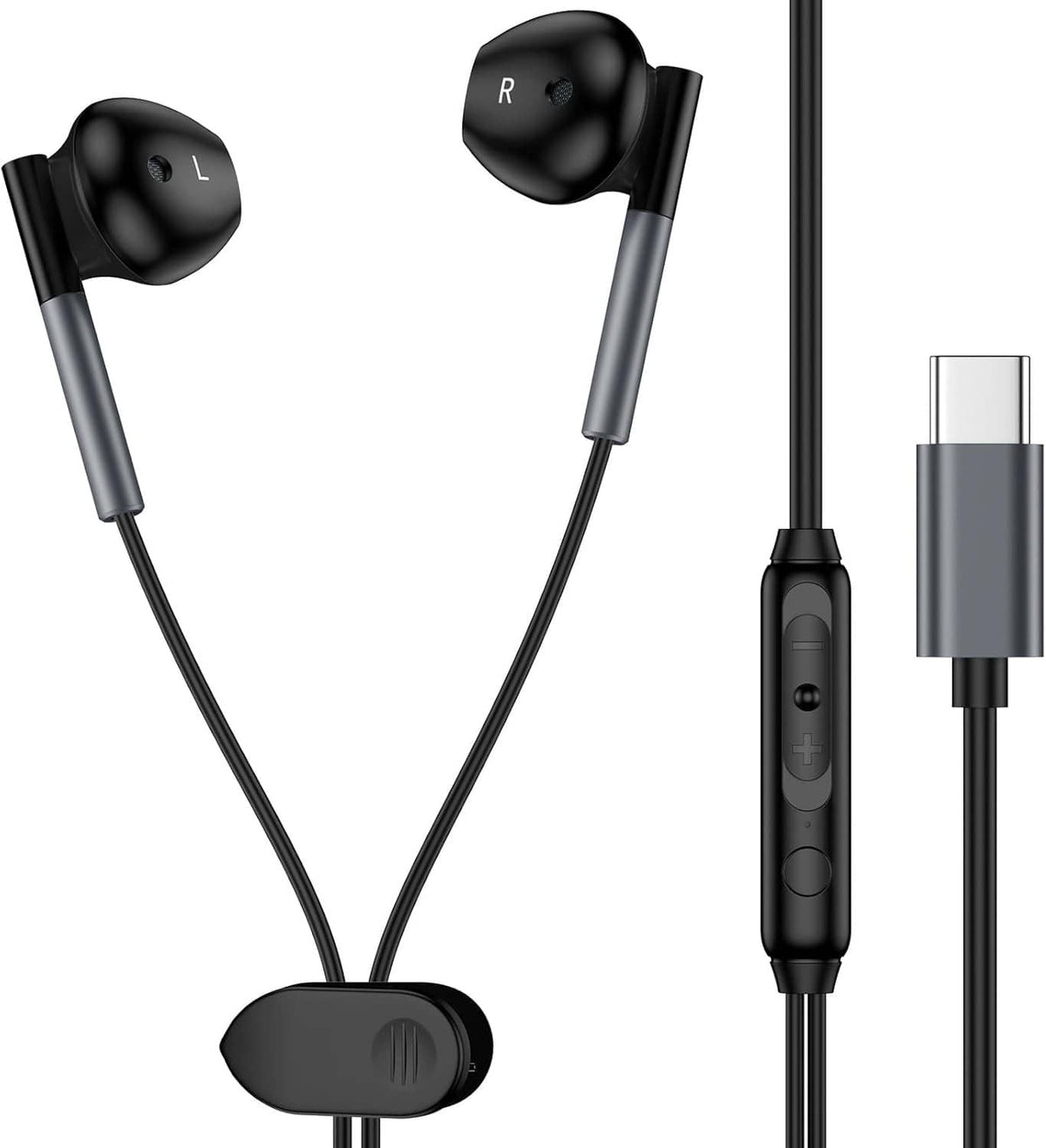 Black wired USB-C earbuds with inline remote and USB-C plug