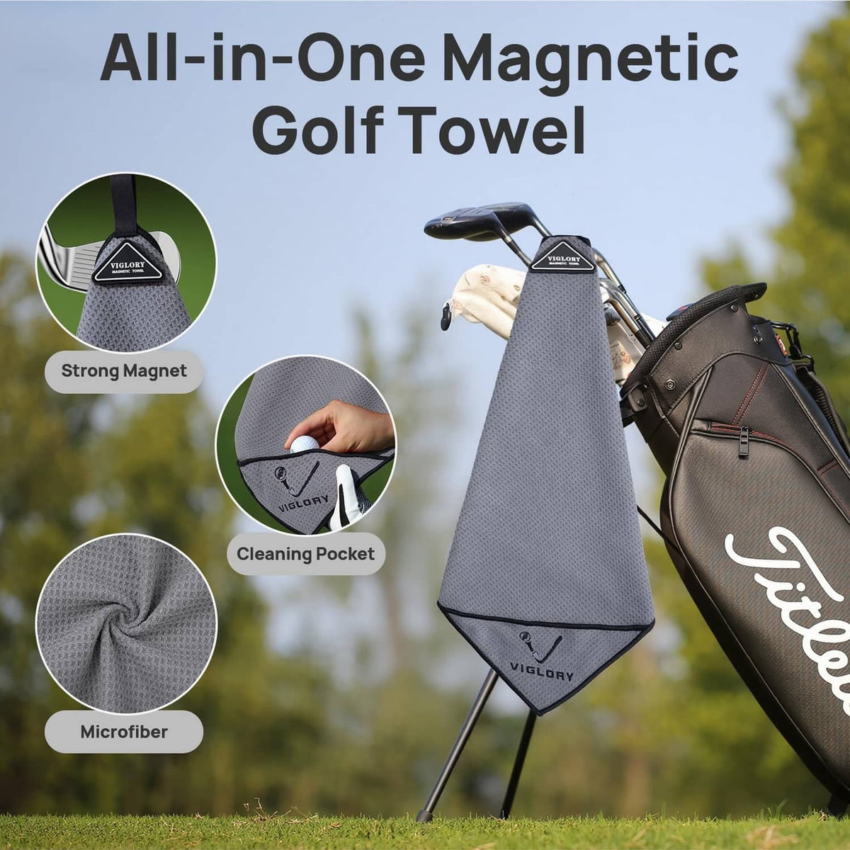 Grey magnetic golf towel with cleaning pocket, waffle microfibre texture