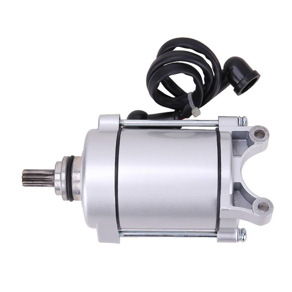 ATV starter motor three-quarter view with silver body, black cable loop, and mounting arm