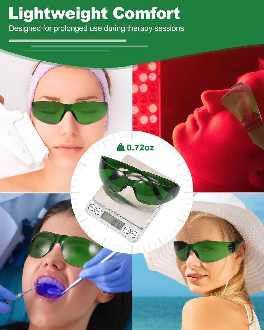 Green light therapy glasses with narrow wraparound frame and tinted lenses
