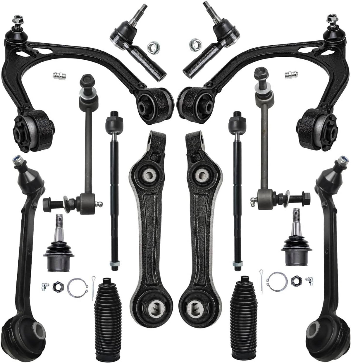Suspension front control arm kit with paired arms, ball joints, rods, rubber boots