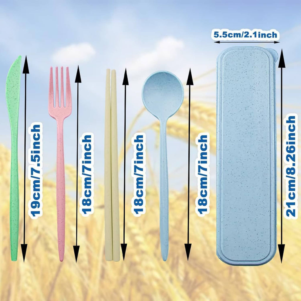 Reusable travel cutlery set with fork, spoon, knife, and chopsticks beside blue case