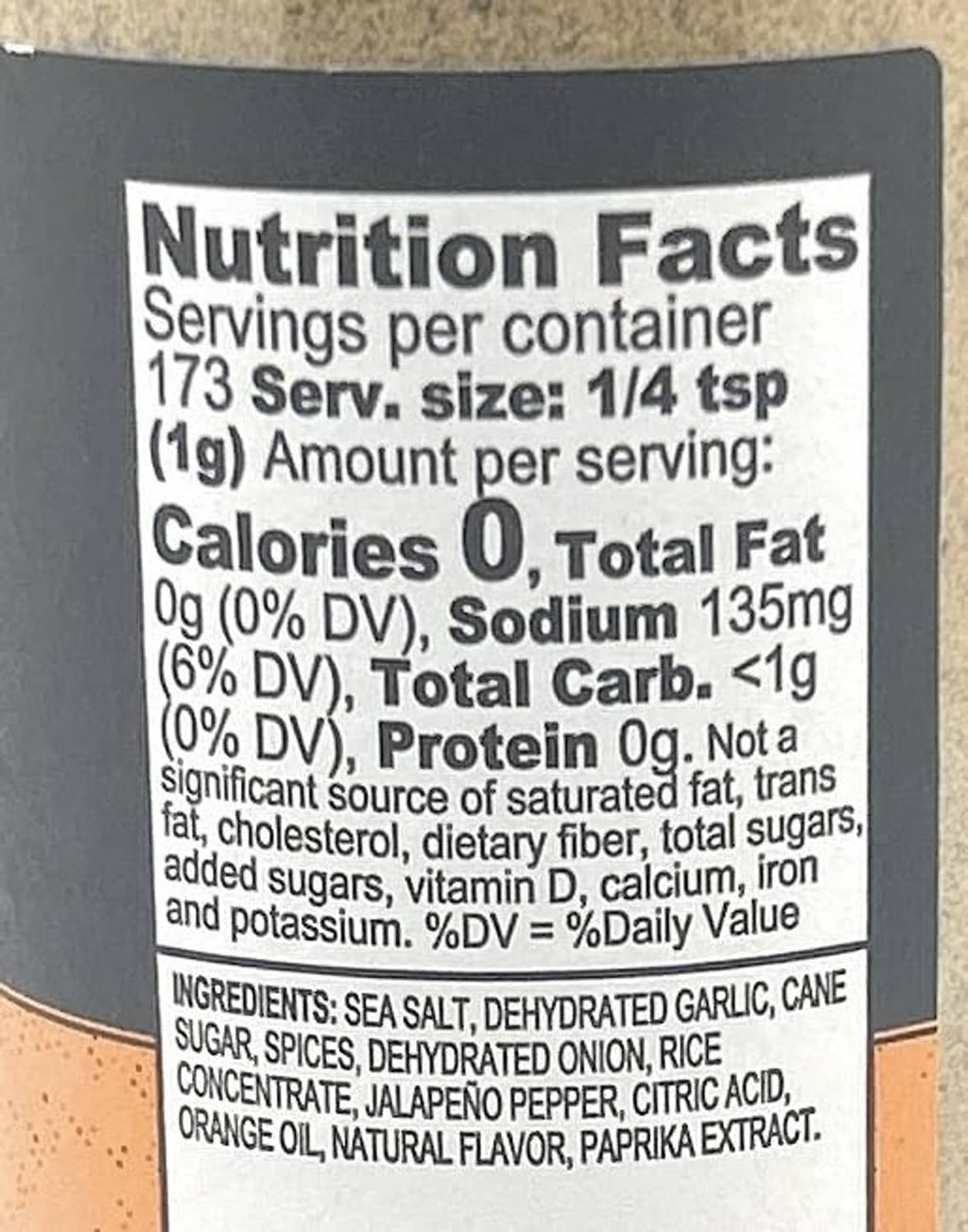 Nutrition Facts label for Kinder's Rub & Seasoning, serving size 1/4 tsp