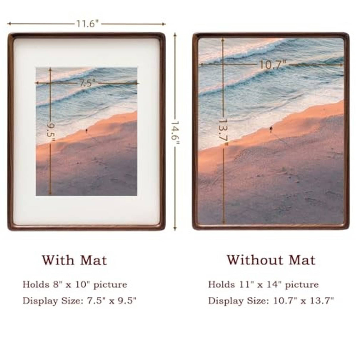 Walnut picture frame showing options with mat and without mat for 11 x 14 photos