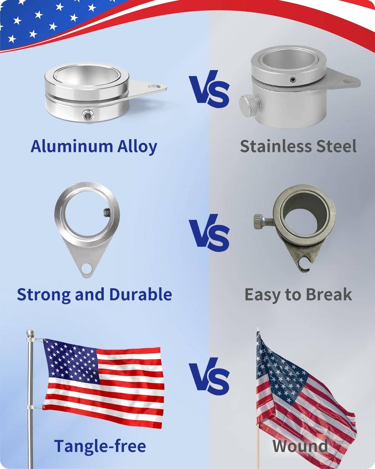 Silver aluminum flag pole ring with loop and pin for secure flag mounting