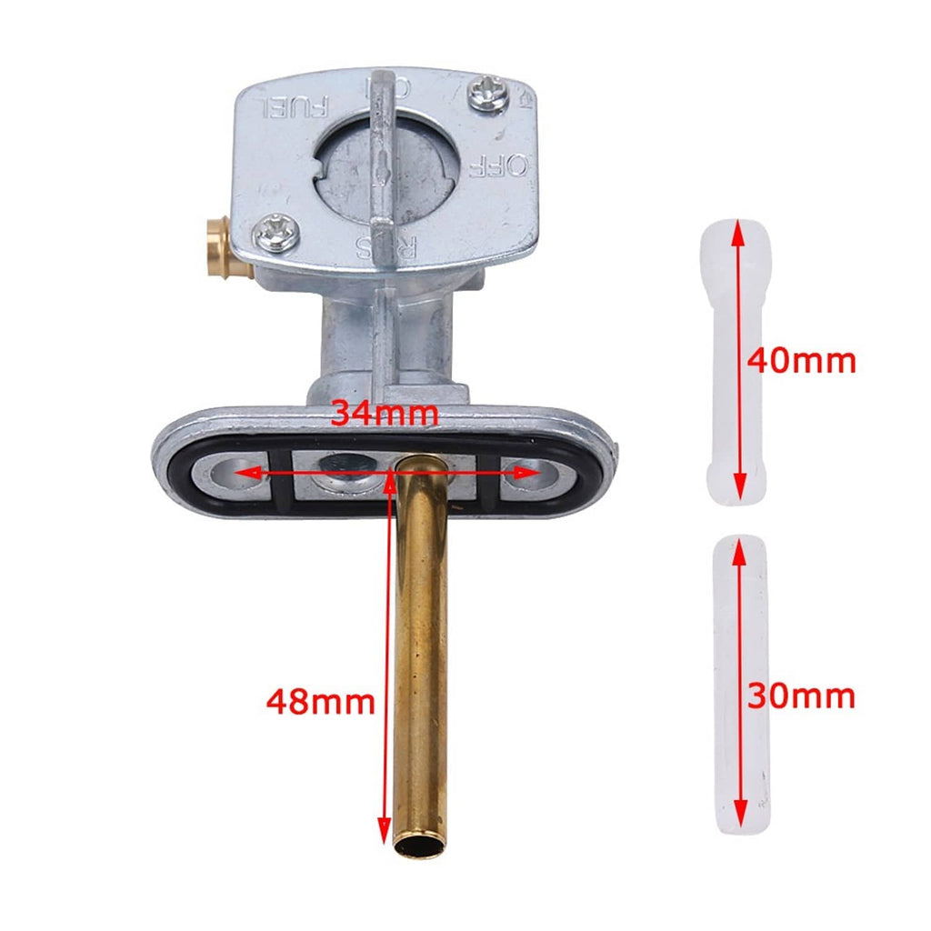 Fuel petcock valve switch assembly with black gasket and brass rod; size diagram