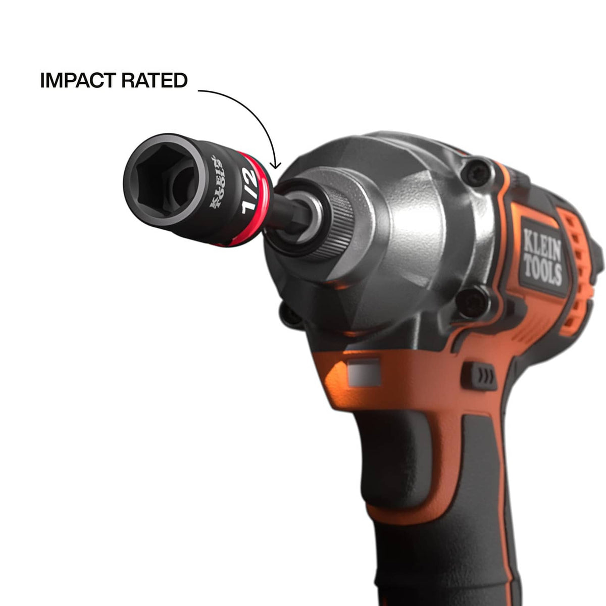 Impact tool with black impact socket on an orange-and-black handle