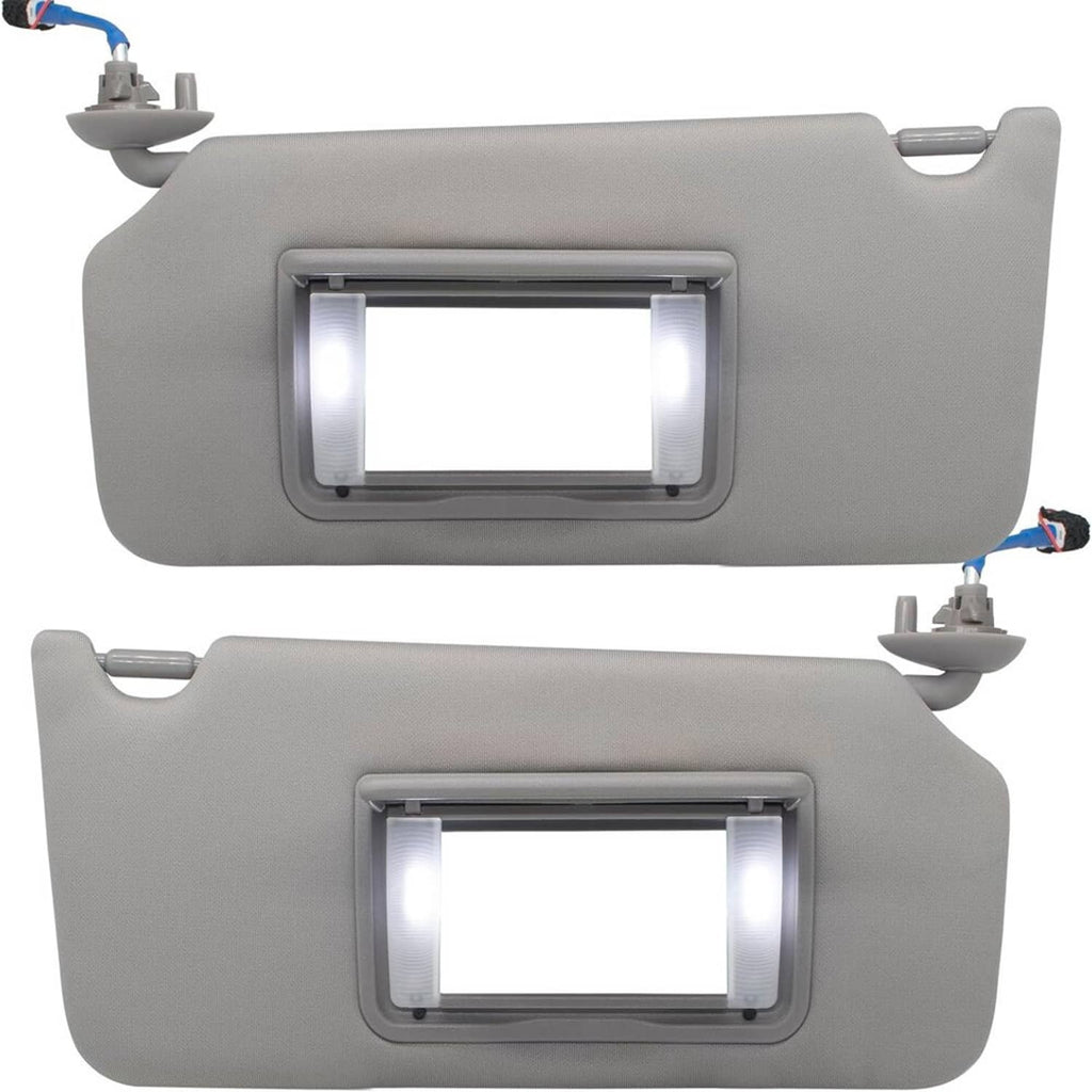 Gray sun visor pair with illuminated LED mirror windows and wiring attached