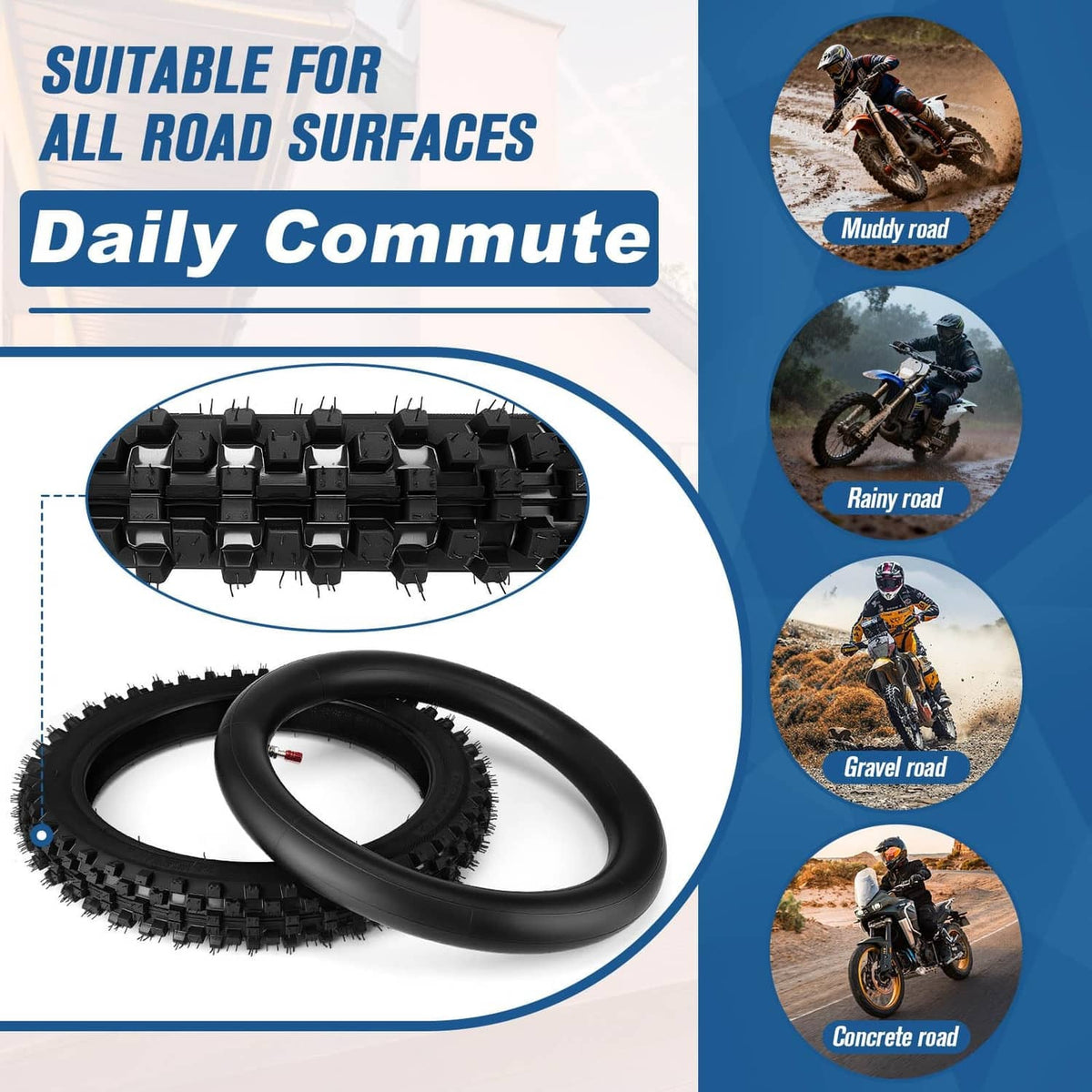 Knobby off-road front tire with inner tube, tread blocks for grip