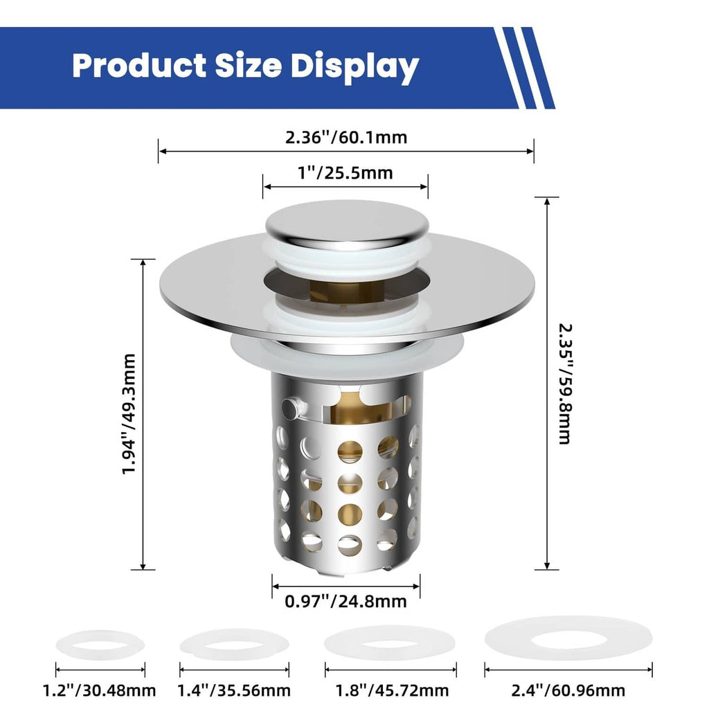 Chrome bathroom sink drain strainer with round flange and metal mesh basket