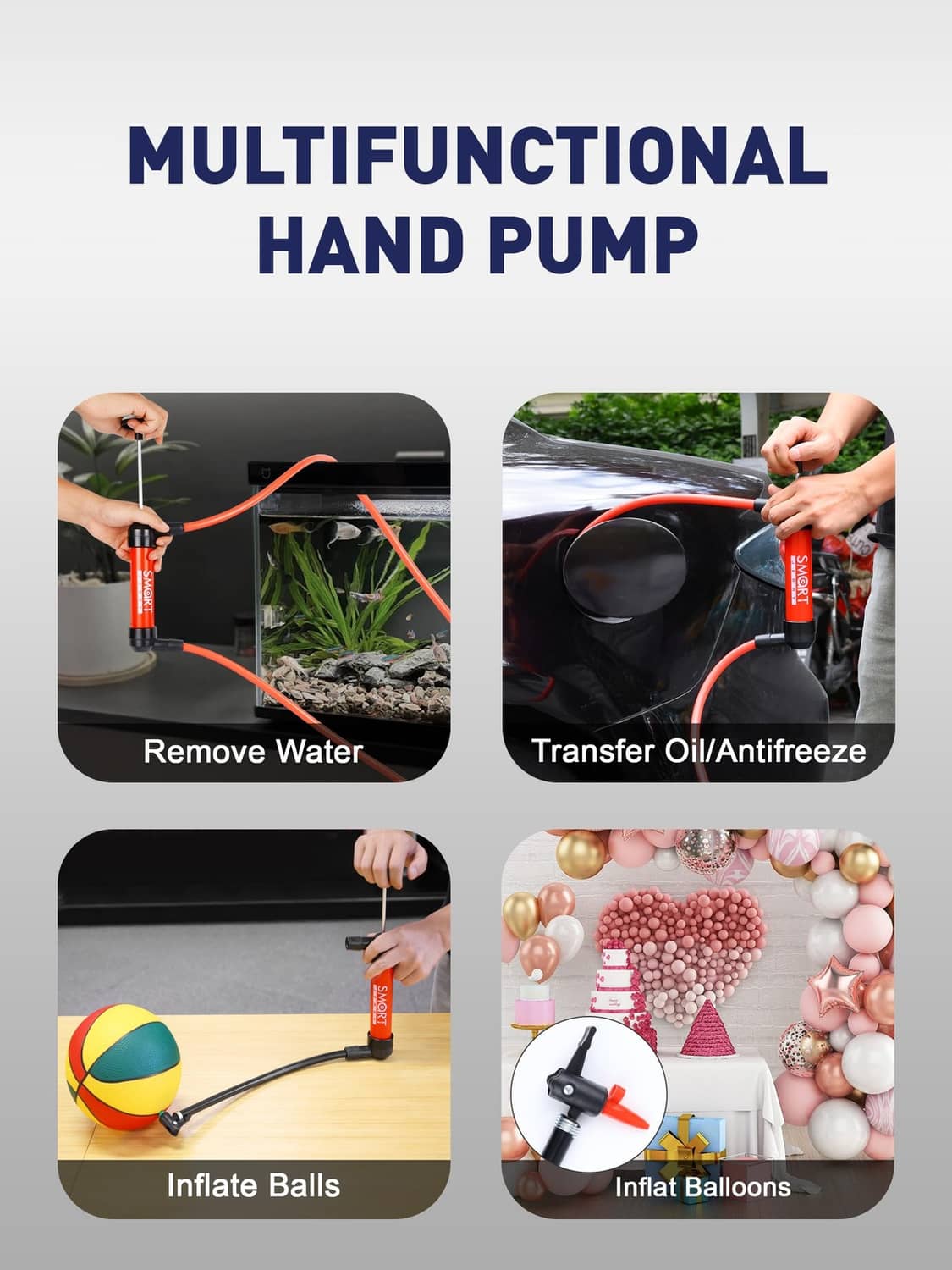 Red multi-use hand pump with connected hoses shown for transferring and inflating