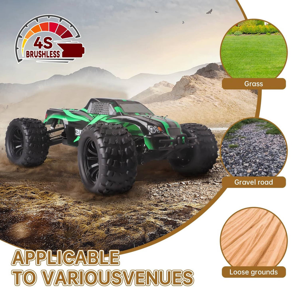 Rugged black RC truck tires on wheels for loose ground, 1/10 scale