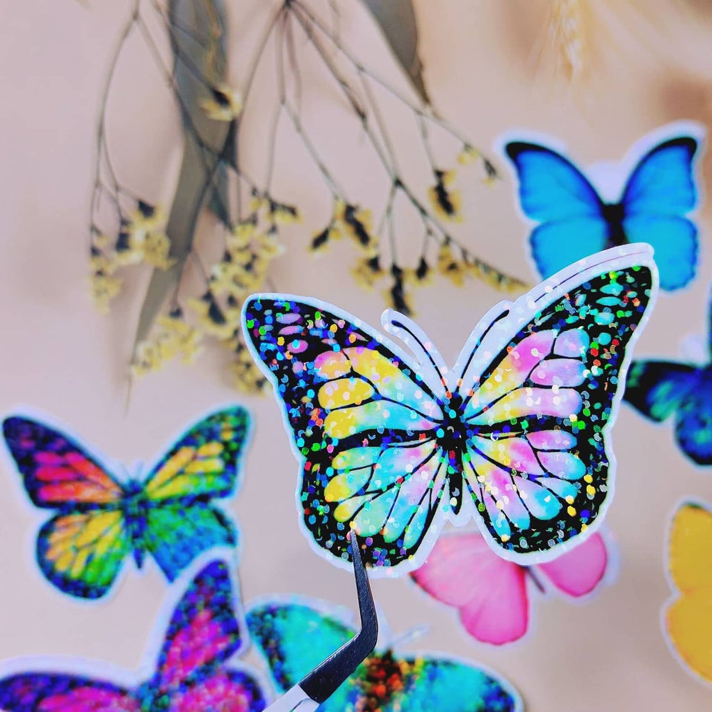 Holographic butterfly sticker with multicolor glitter effect