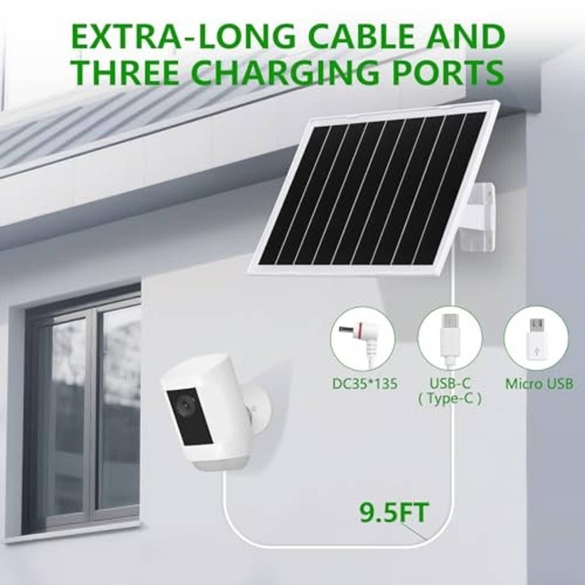 Solar panel with extra-long cable and three charging ports: DC, USB-C, and Micro-USB