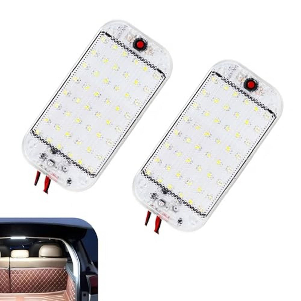Two car LED dome lights with clear casings, red switch button, and red/black wires