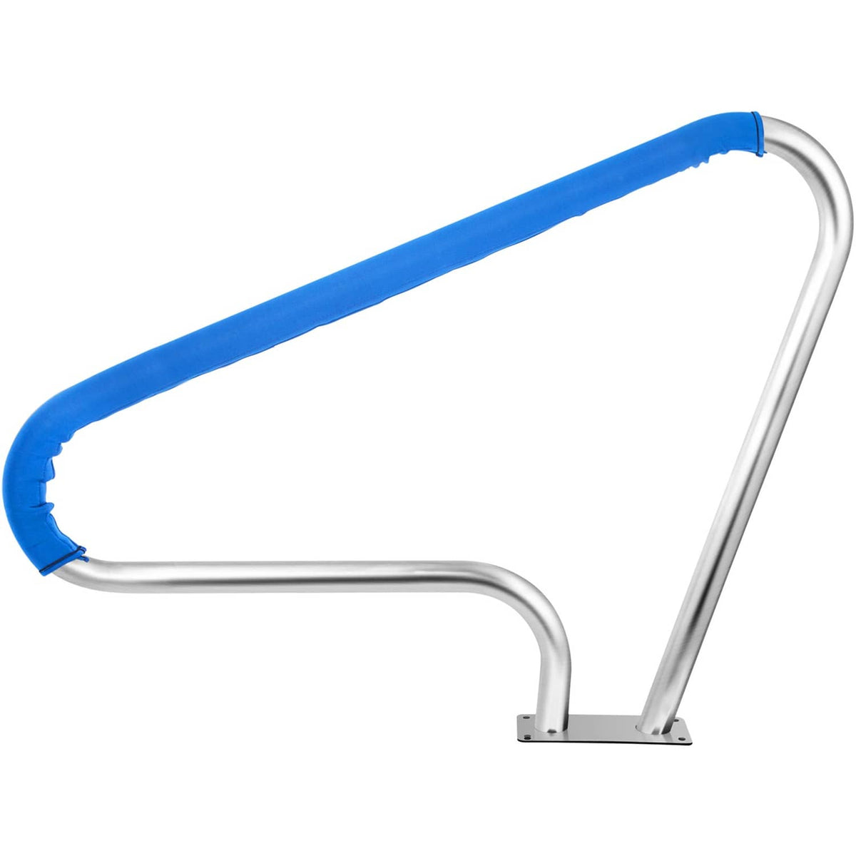 Stainless steel pool handrail with blue grip cover, curved U-shaped design
