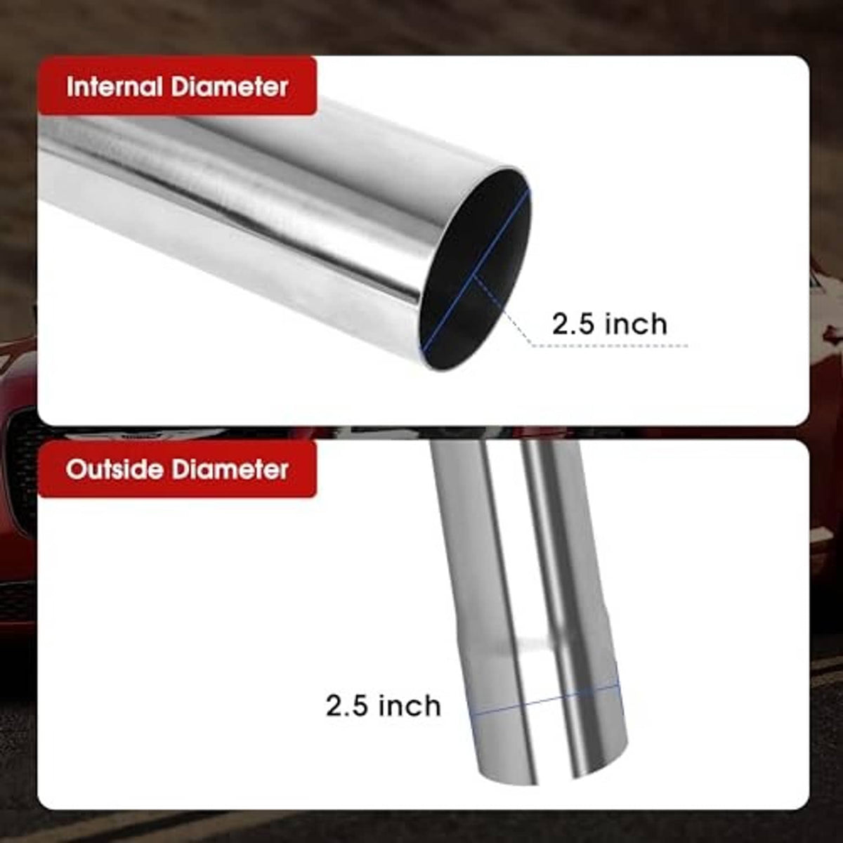 Stainless steel exhaust tube showing 2.5 in inside and outside diameter ends