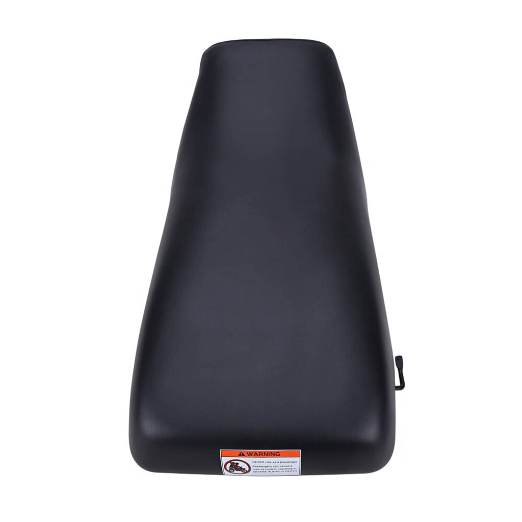 Black ATV seat replacement with tapered shape, padded surface, and rear bracket