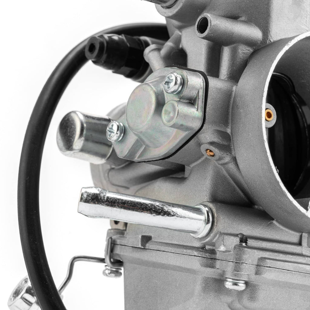 Carburetor metal fitting with screws and attached black rubber hose