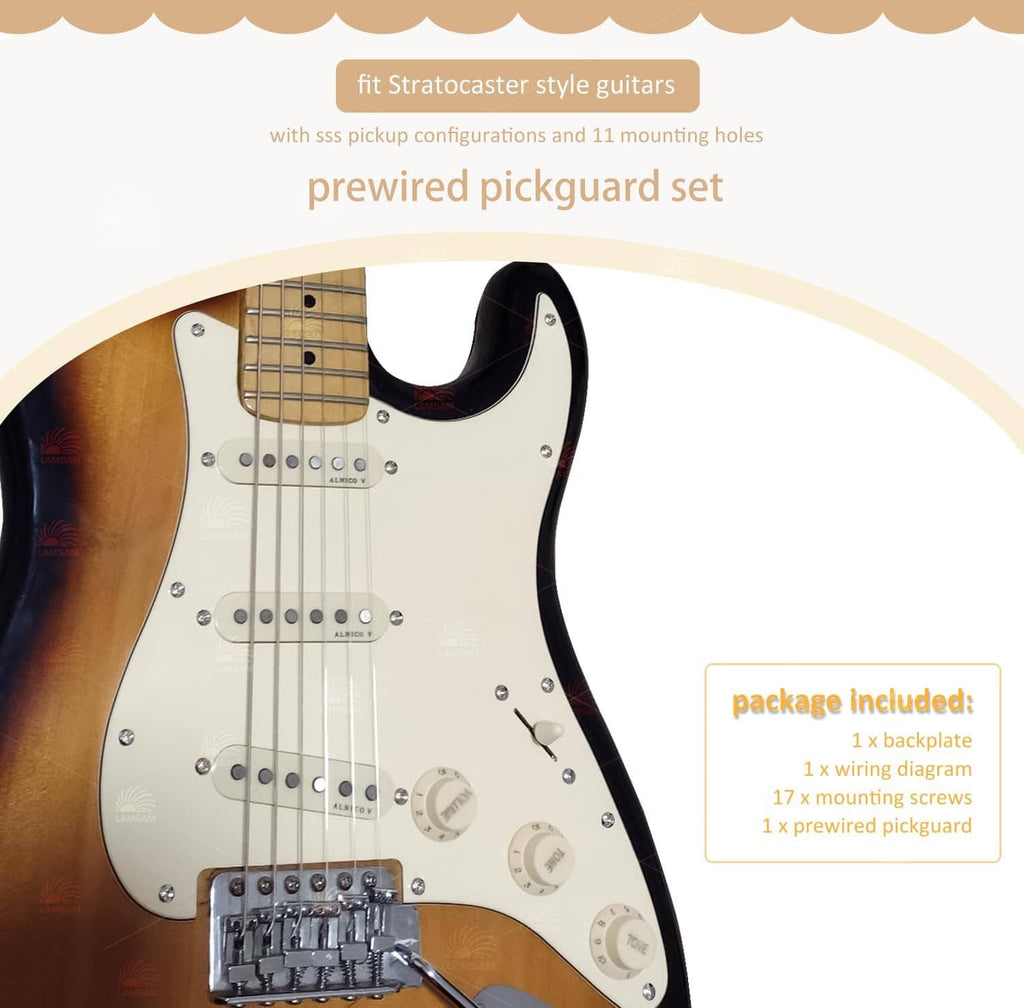 Prewired pickguard set on a Strat-style guitar body with loaded control area