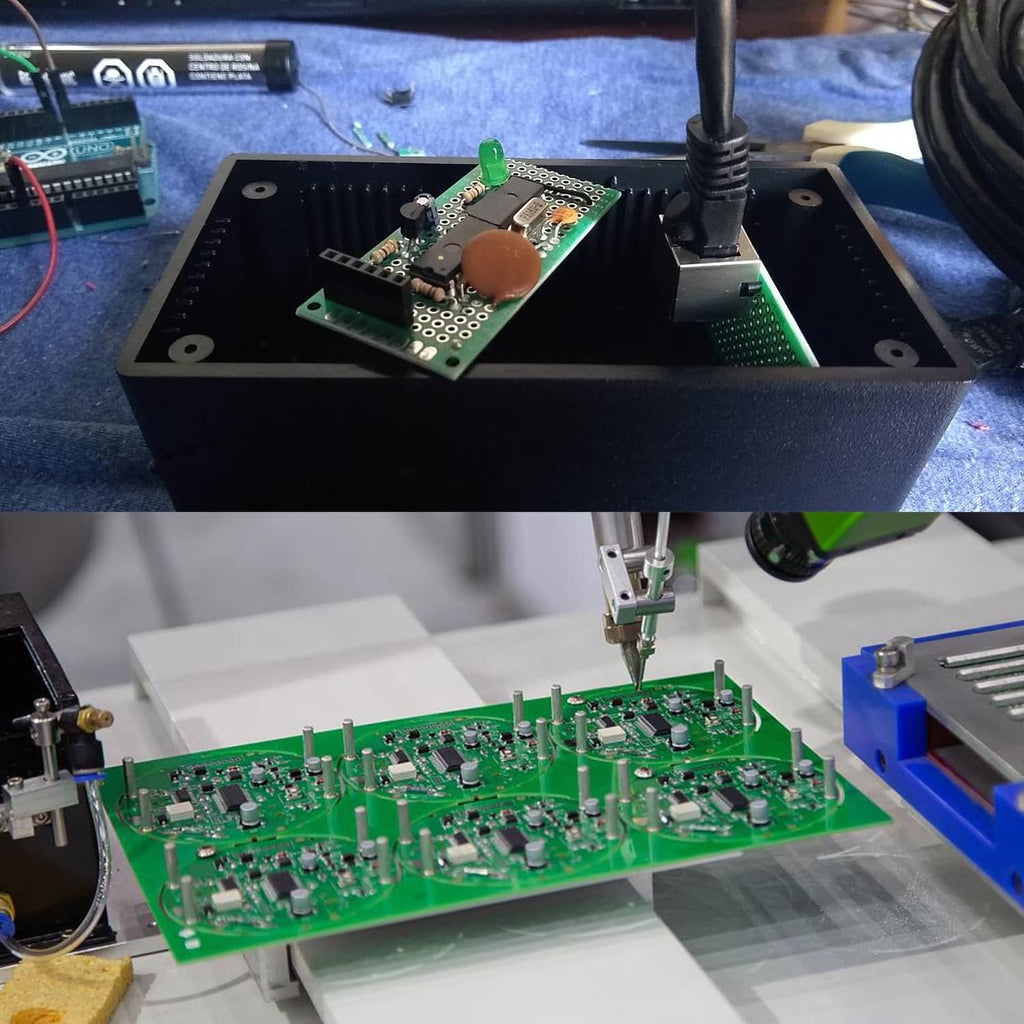 Prototype PCB board on fixture with rows of components and connector pins
