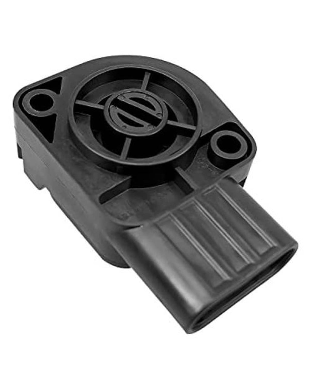 Throttle position sensor with black plastic body and integrated mounting points, side view