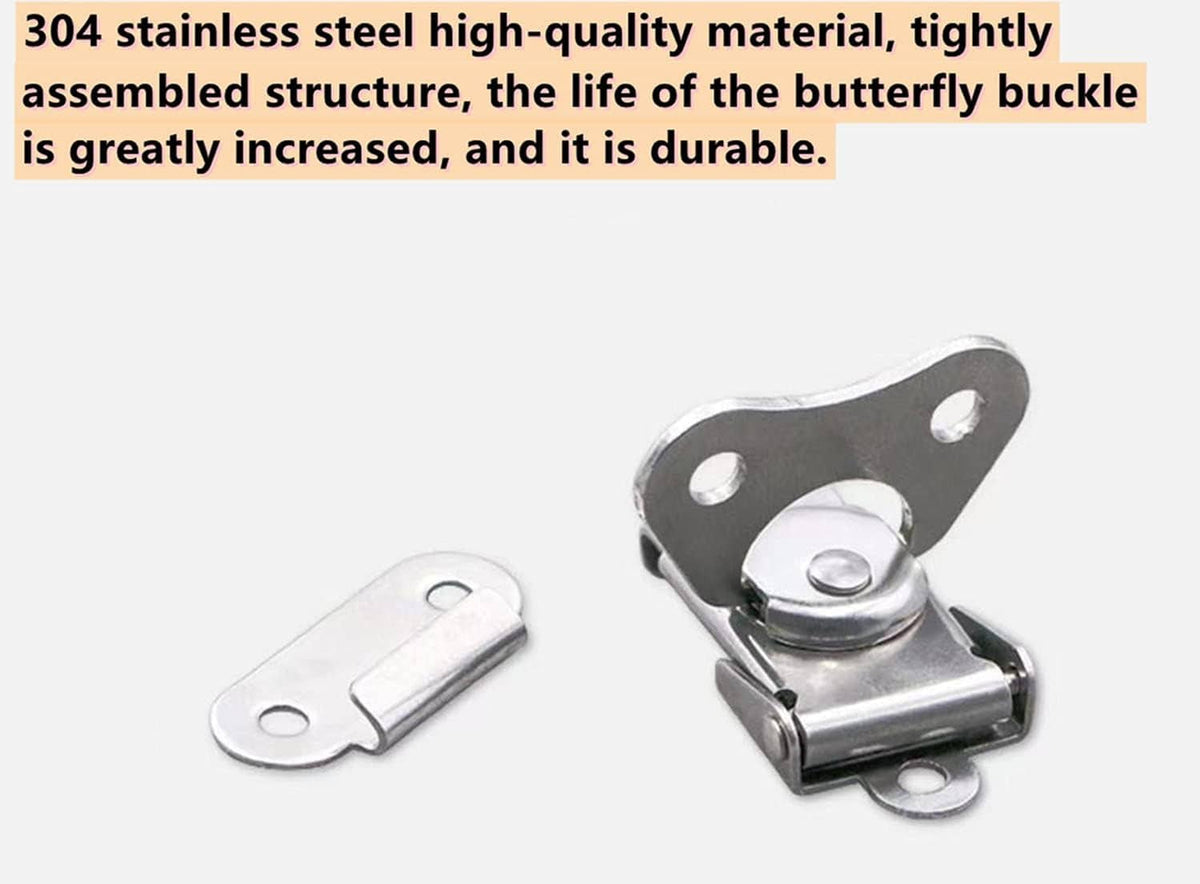 Stainless steel butterfly latch with two-piece base and oval mounting holes