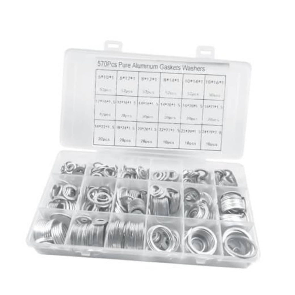 Aluminum oil drain plug crush washer assortment kit in a clear storage box
