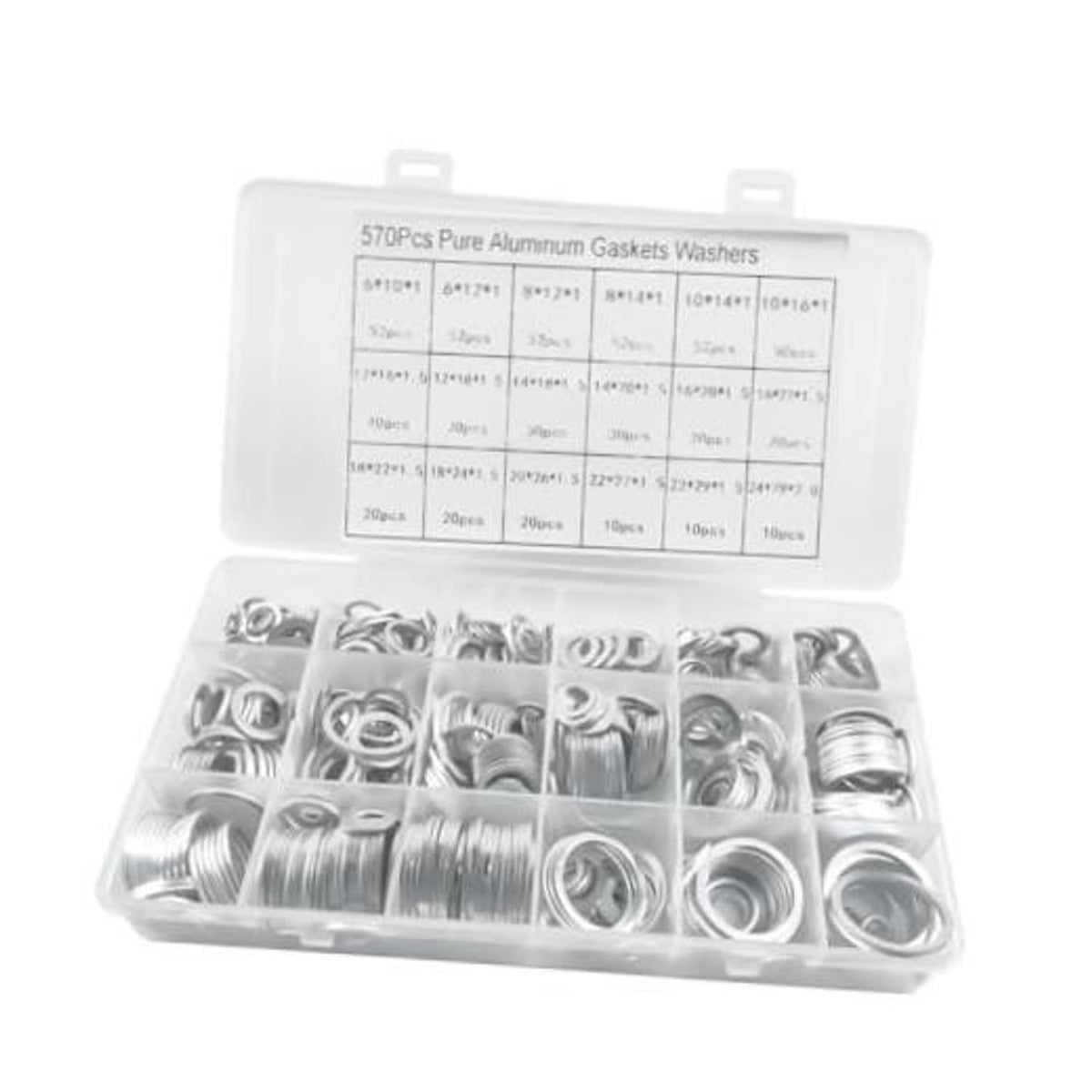 Aluminum oil drain plug crush washer assortment kit in a clear storage box