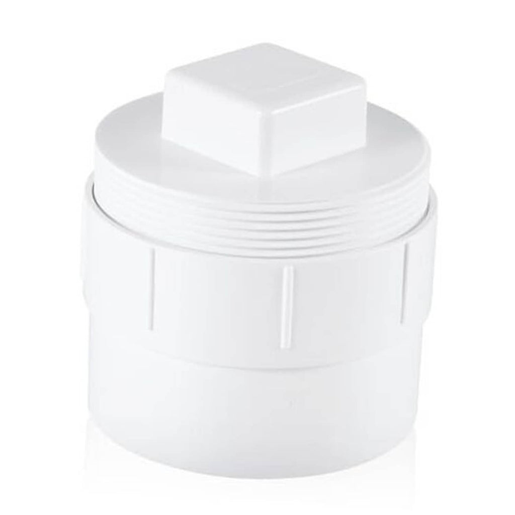 White PVC sewer cleanout adapter with plug cap, front view