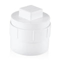White PVC sewer cleanout adapter with plug cap, front view
