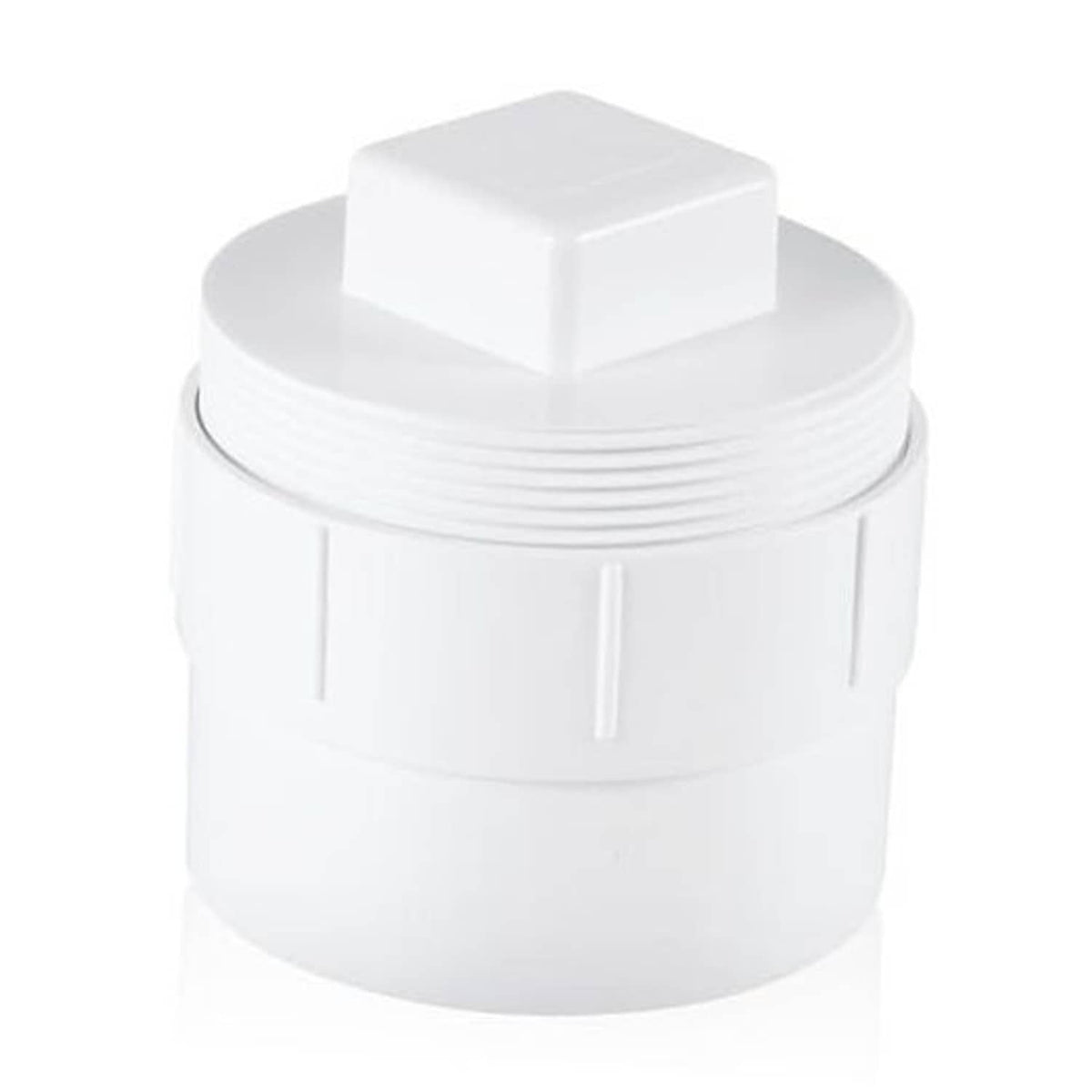 White PVC sewer cleanout adapter with plug cap, front view