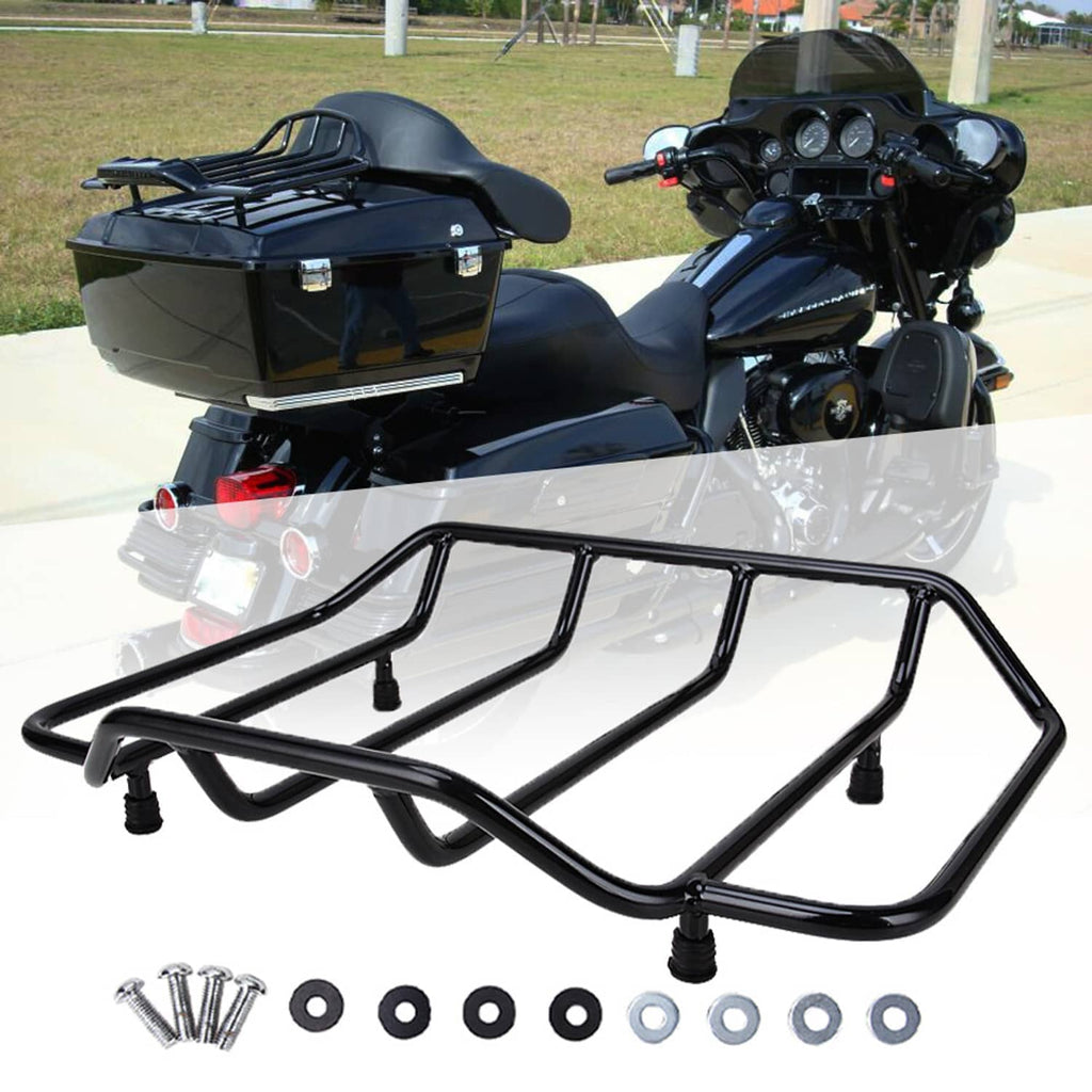 Black top luggage rack installed on motorcycle rear with mounting bolts