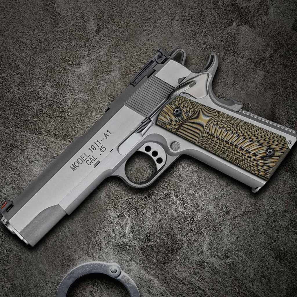 Full-size pistol showing coyote tan wavy sunburst G10 grip panels with screw hardware
