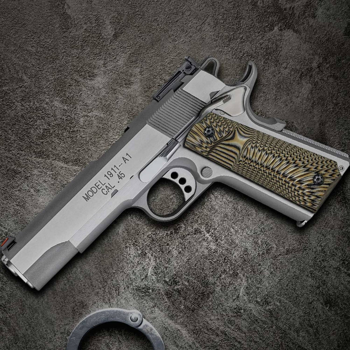 Full-size pistol showing coyote tan wavy sunburst G10 grip panels with screw hardware