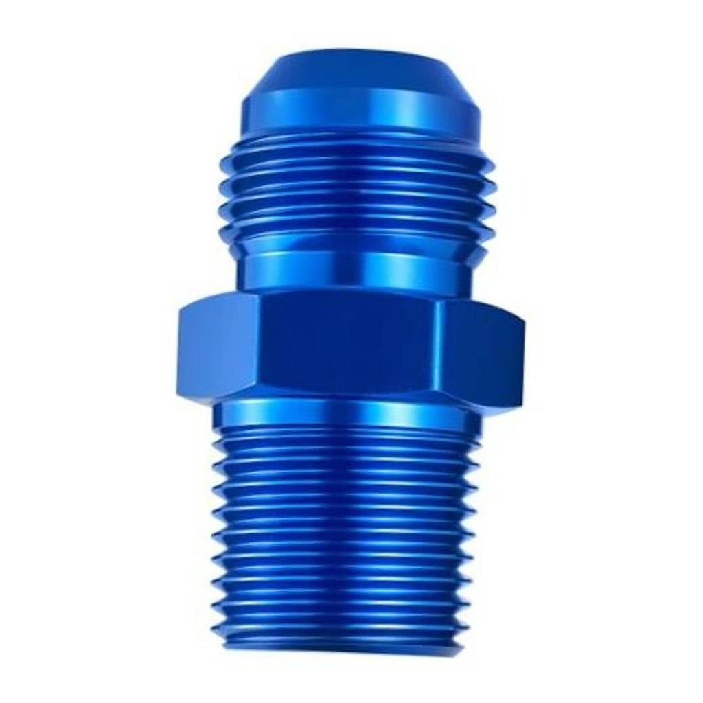 Blue anodized male flare adapter with hex collar and straight threaded ends