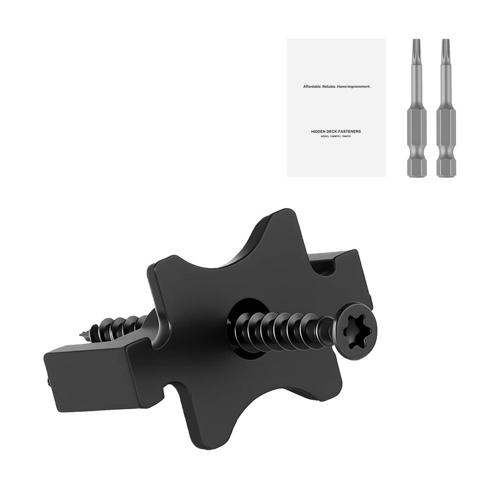Black composite deck T clip fastener with preinstalled screw