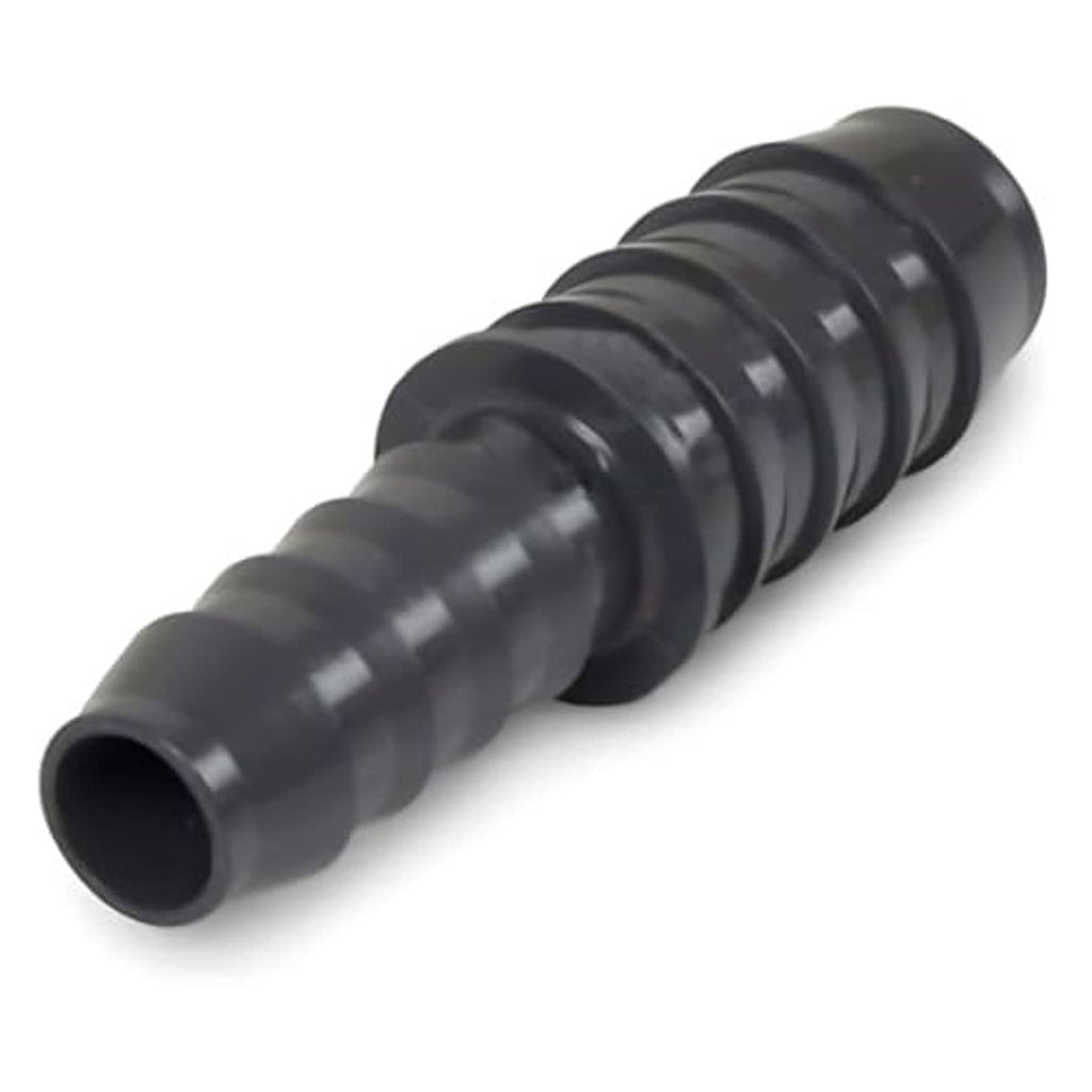 Black PVC barbed reducing coupling with flared inlet and ribbed body