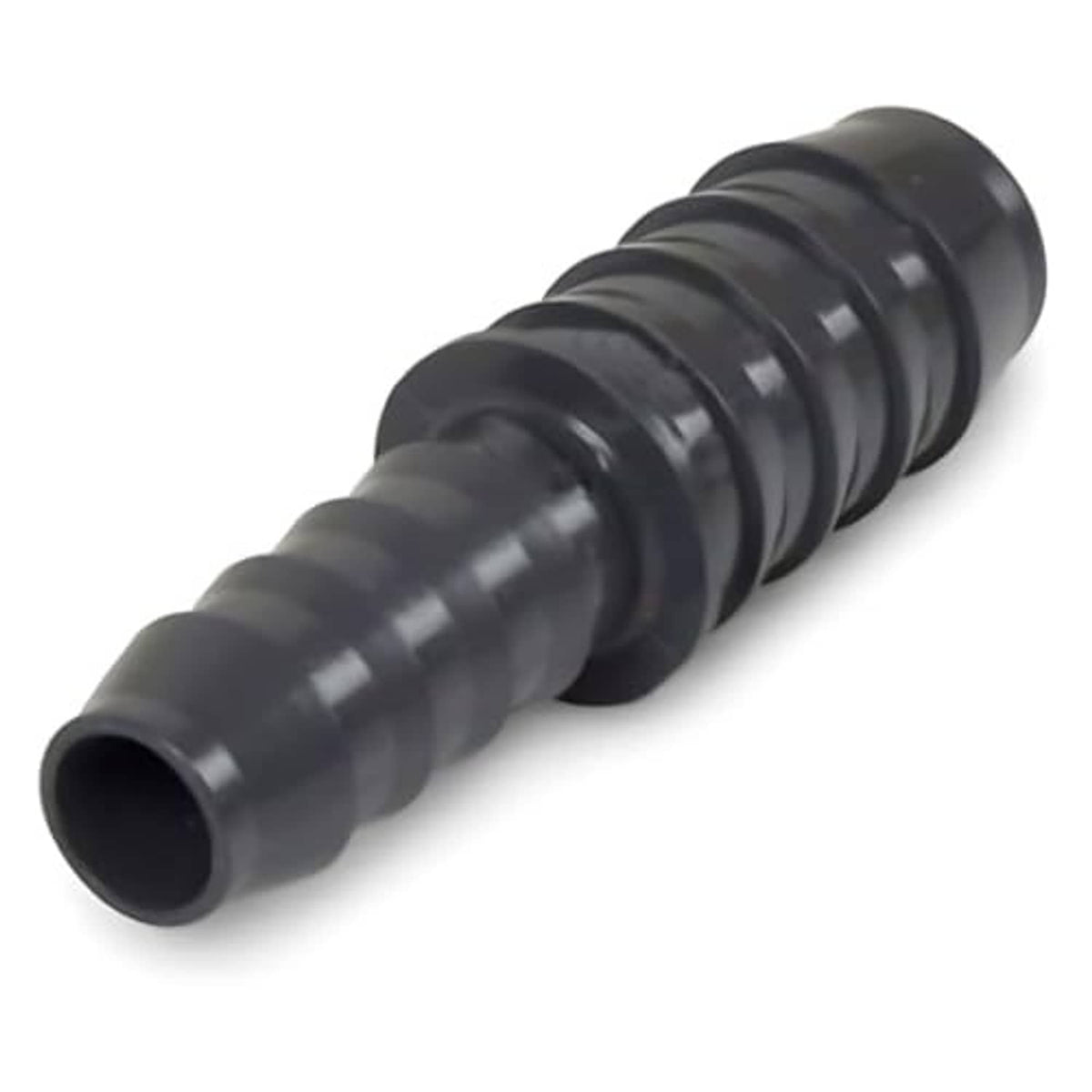 Black PVC barbed reducing coupling with flared inlet and ribbed body