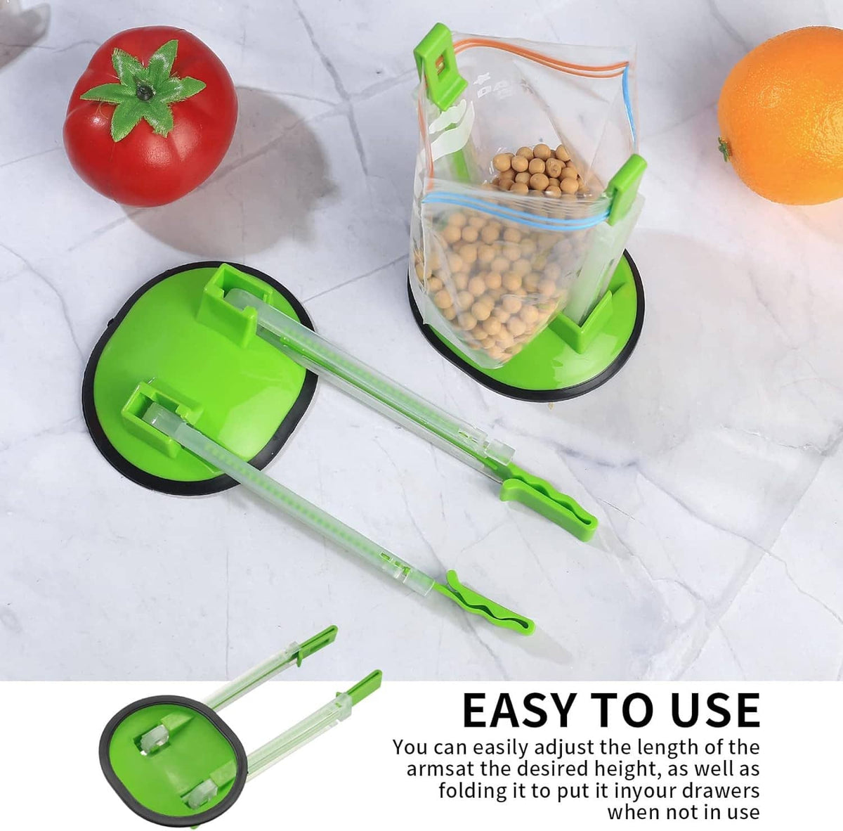 Green freezer bag holder stand with clear arms, holding snacks in a clear bag