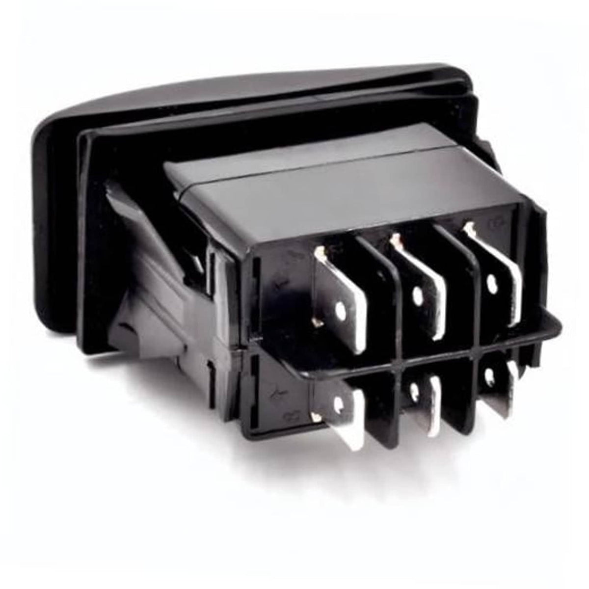Forward/reverse switch with black housing and multiple metal spade terminals