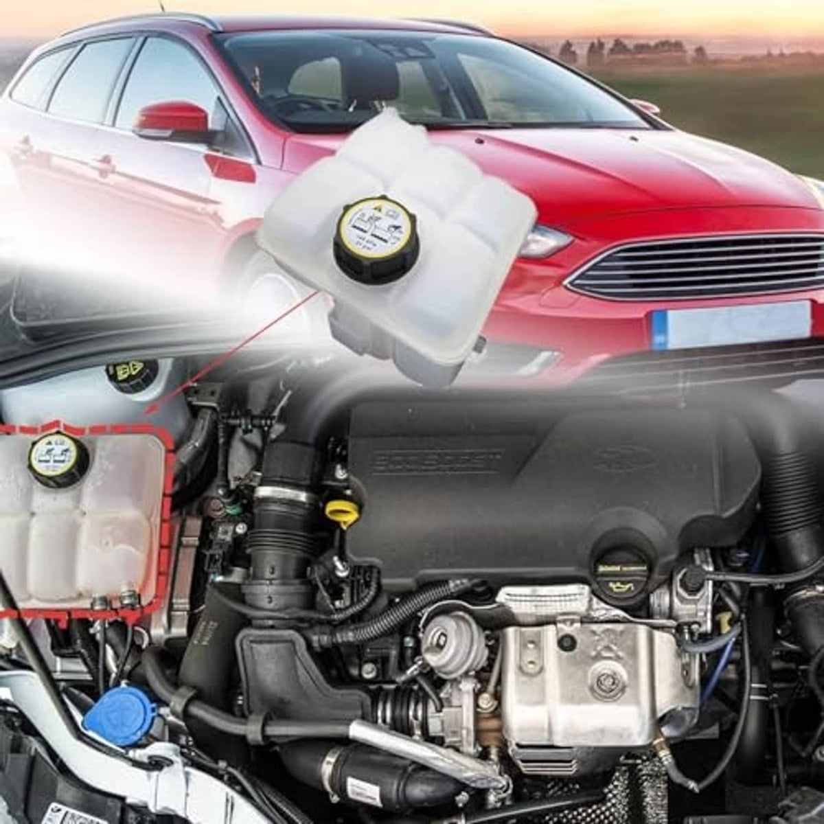 Coolant reservoir tank shown mounted in engine bay with hoses
